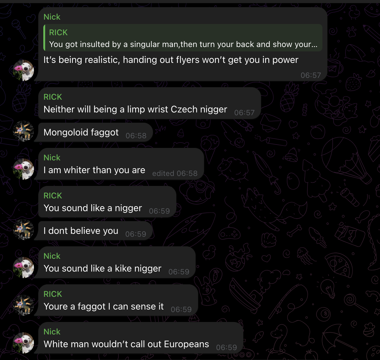 AF Telegram chat — members directing racial abuse at each other